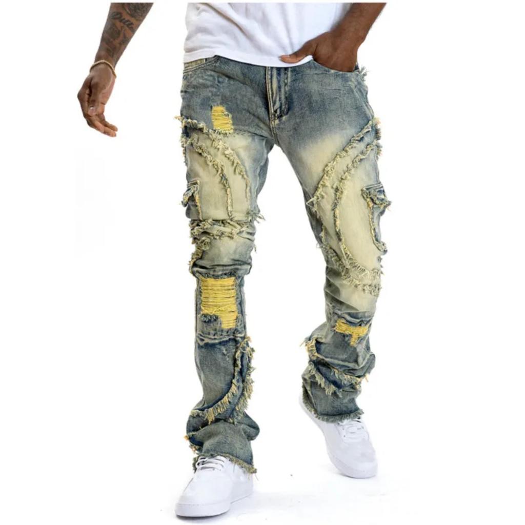 ZYLLO Men Ripped Stacked Jeans Distressed Slim Fit Skinny Straight Leg Jeans Fashion Hip Hop Denim Pants Casual Streetwear
