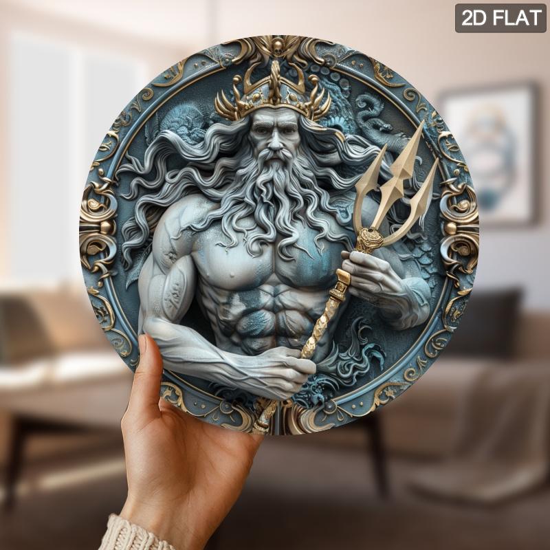 Vintage Greek God Poseidon Trident Ocean King Retro Mythology Art D Flat Round Metal Tin Sign Wall Art Plaque For Home Man Cave