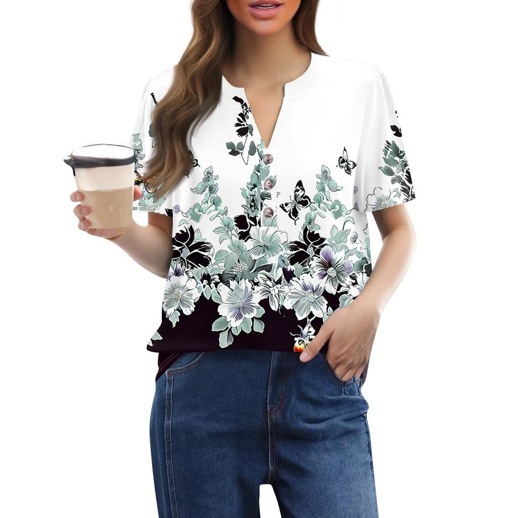 Женский модный повседневный свитер с коротким рукавом и принтом на пуговицах и V-образным вырезом