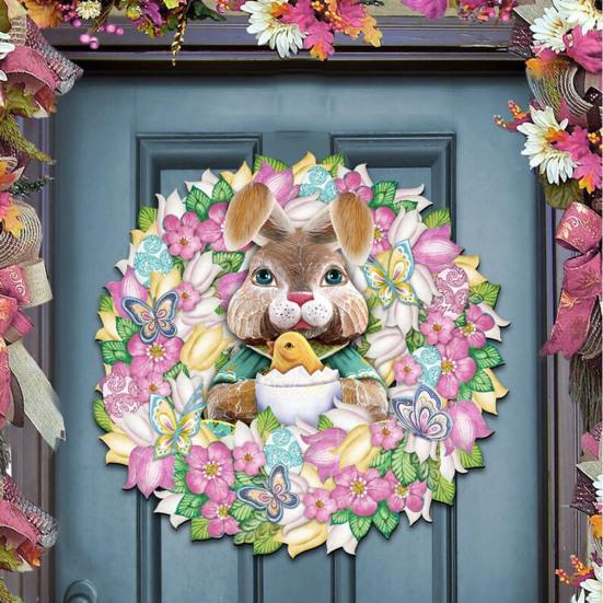 Easter Bunny Wreath Door Sign Wooden Rabbit Wreath Hanging Sign Spring Easter Holiday Party Door Hanger Wall Art Decoration