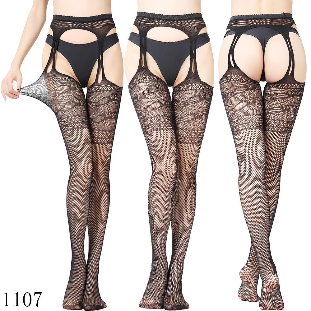 Sexy Elastic Fishnet Stockings with Garter Belt - Women's Open Crotch Fine Mesh Anti-Slip