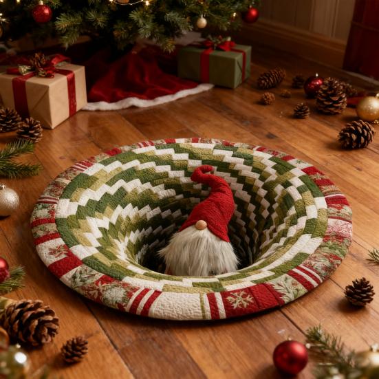 3D Christmas Rug Santa Claus Gnome Quilted Round Floor Mat Optical Illusion Depth Pattern Decorative Area Rug for Living Room Bedroom