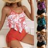 Multicolor Printed Bustier Swimsuit with Drawstring Flat-Leg Pants and Big Lotus Leaf Design