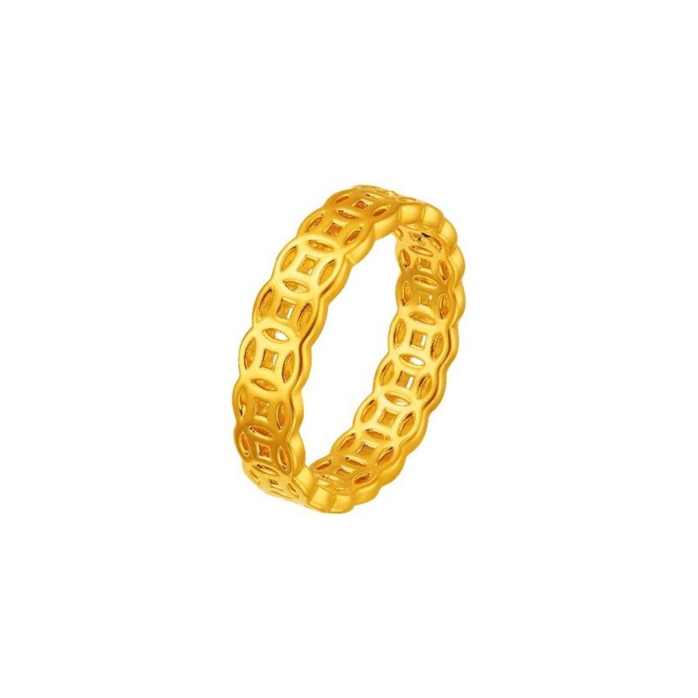 Chinese Style Hollow Coin Rings for Women Couples Simple Gold Plated Money Rings for Wealth and Luck