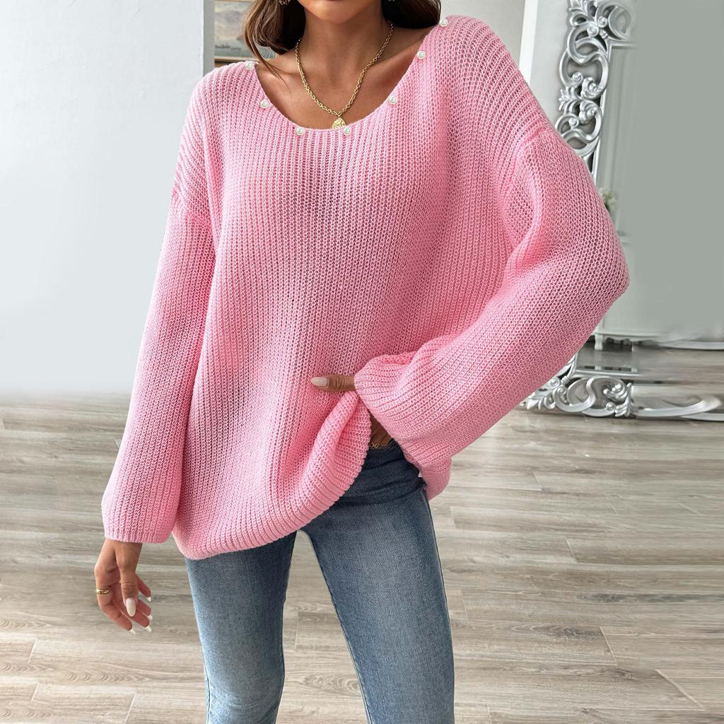 Женский свитер-пуловер с бисером сверху, свободный свитер с открытыми плечами и расклешенными рукавами