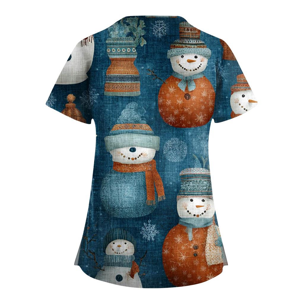 Женская модная рабочая одежда с V-образным вырезом и короткими рукавами, с карманами, топ с рождественским принтом, униформа для сиделки