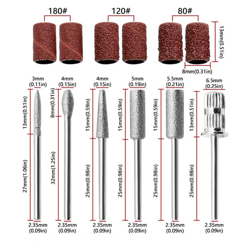 6pcs/set Diamond Sand Nail Files Drill Cuticle Polishing Bit Nail Grinding Head Electric Manicure Set for Removing Acrylic