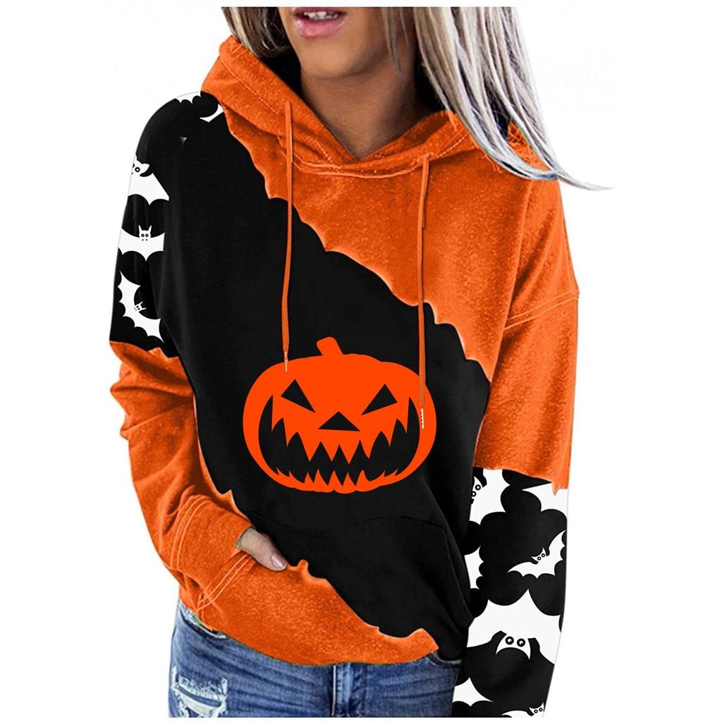 Women's Casual Fashion Halloween Print Long Sleeve Pullover Hooded Top
