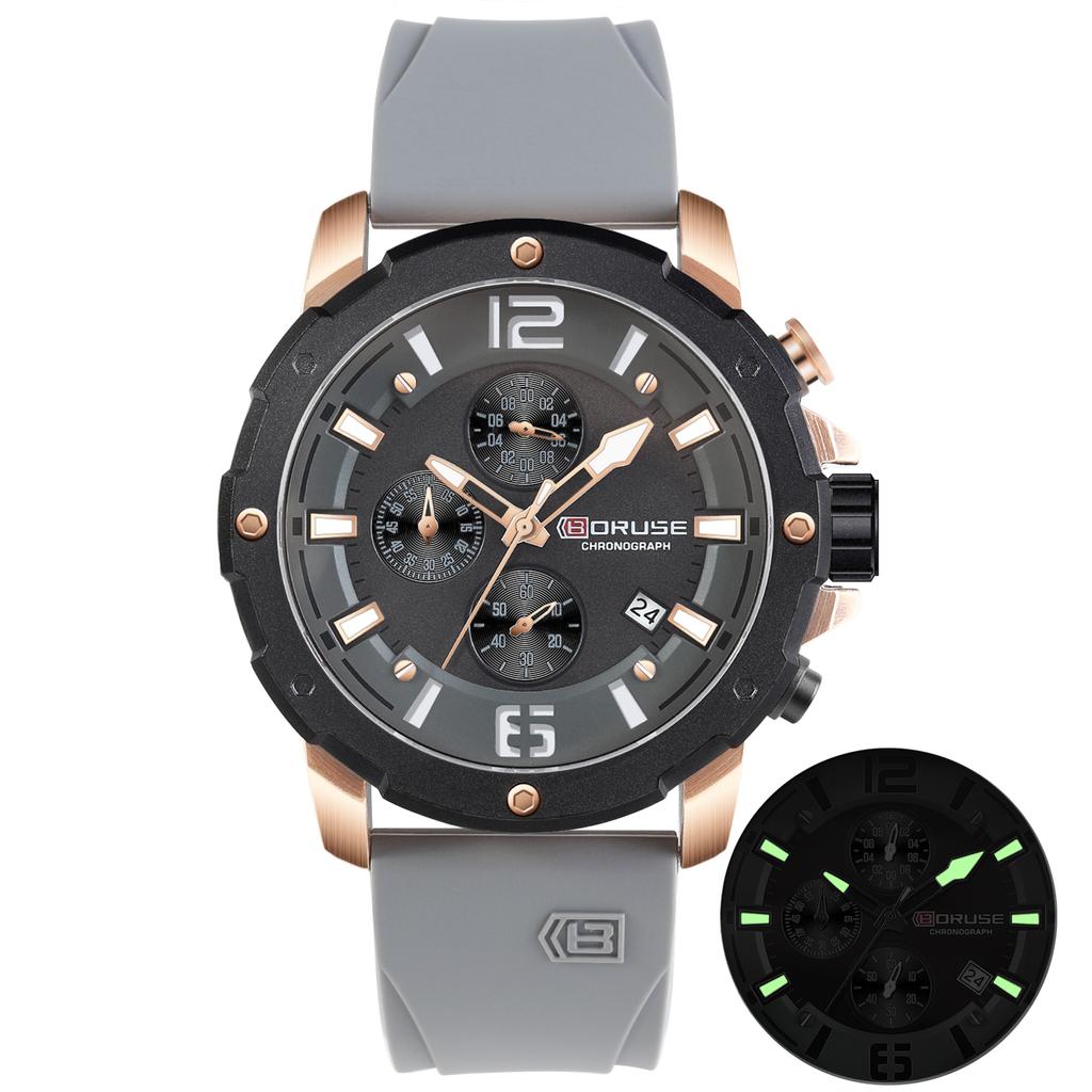 BORUSE Мужские часы Мужские часы с большим циферблатом Силиконовый ремешок Мужские кварцевые часы Классические деловые часы Многофункциональные часы-хронограф