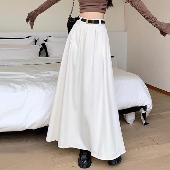 Women Skirt Elegant Flared A-Line Midi Skirt with Pockets Fashionable Solid Color Lady Skirt for Autumn