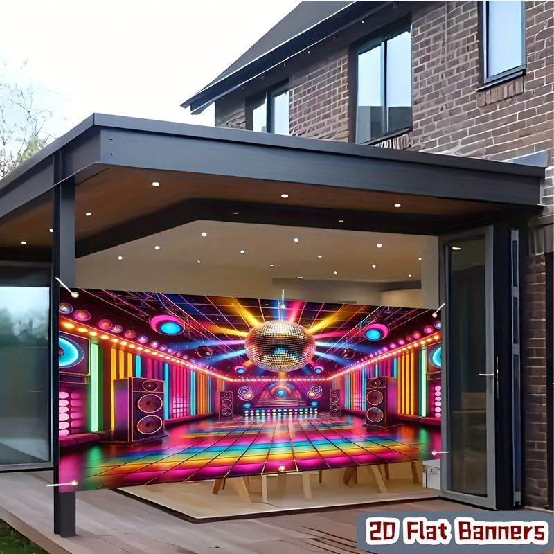 2D planar garage door banner 1 piece. Vibrant disco ball dance hall background banner, washable and reusable polyester.