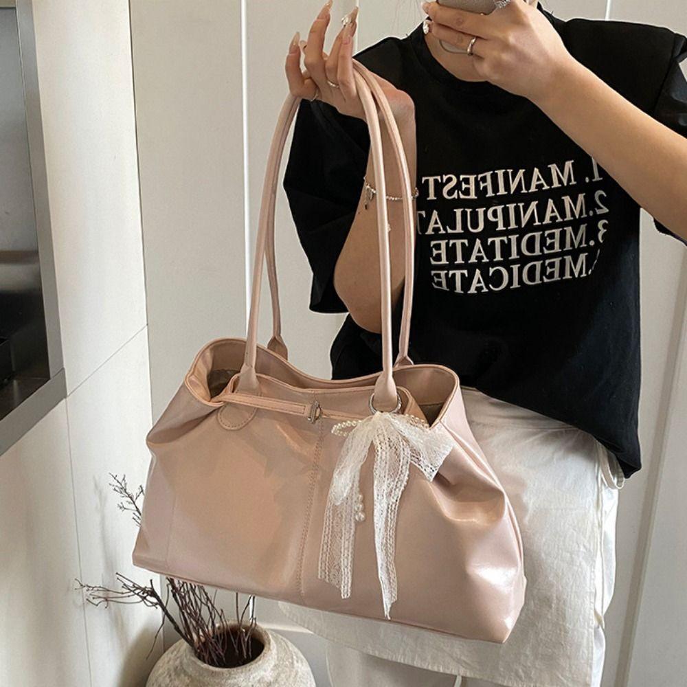 PU Leather Shoulder Bag Tote Bag with Bow Lace Pendant Versatile Armpit Bag Solid Color Large Capacity Underarm Bag Travel