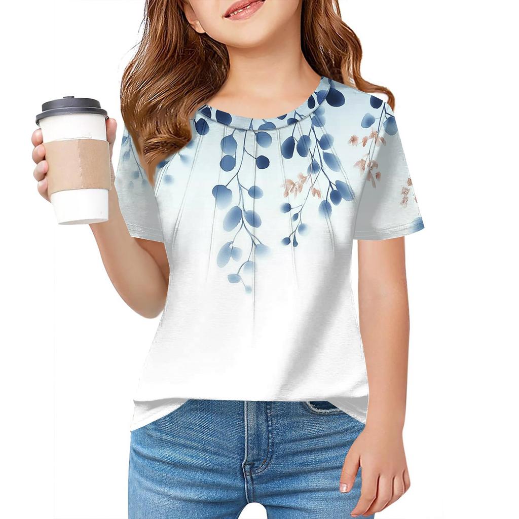 Детская футболка Fold A для девочек, летняя модная куртка с круглым воротником и цветочным принтом с короткими рукавами