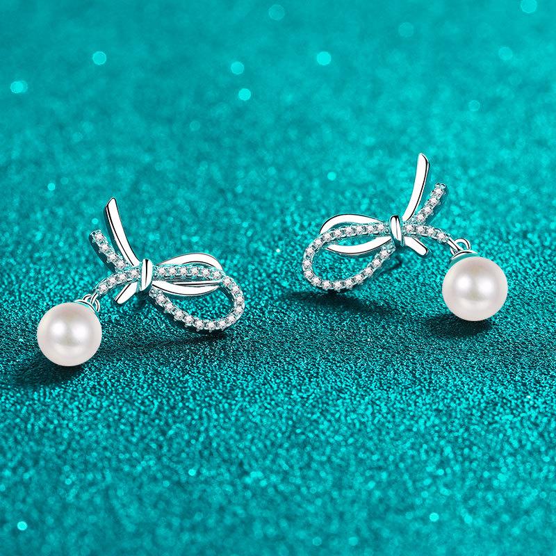 Серьги Mosan из стерлингового серебра 925 пробы с бриллиантами и жемчугом, серьги с бантом, сладкий темперамент, атмосфера, простой и высокий дизайн