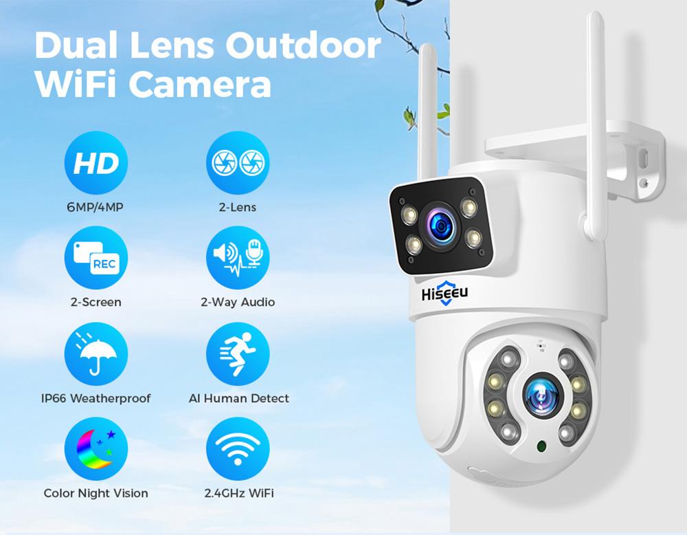 Уличная WiFi-камера Hiseeu 4K 6MP, двойной объектив, двойной экран, двусторонняя аудиосвязь, цветное ночное видение, автоматическое слежение, обнаружение человека ИИ