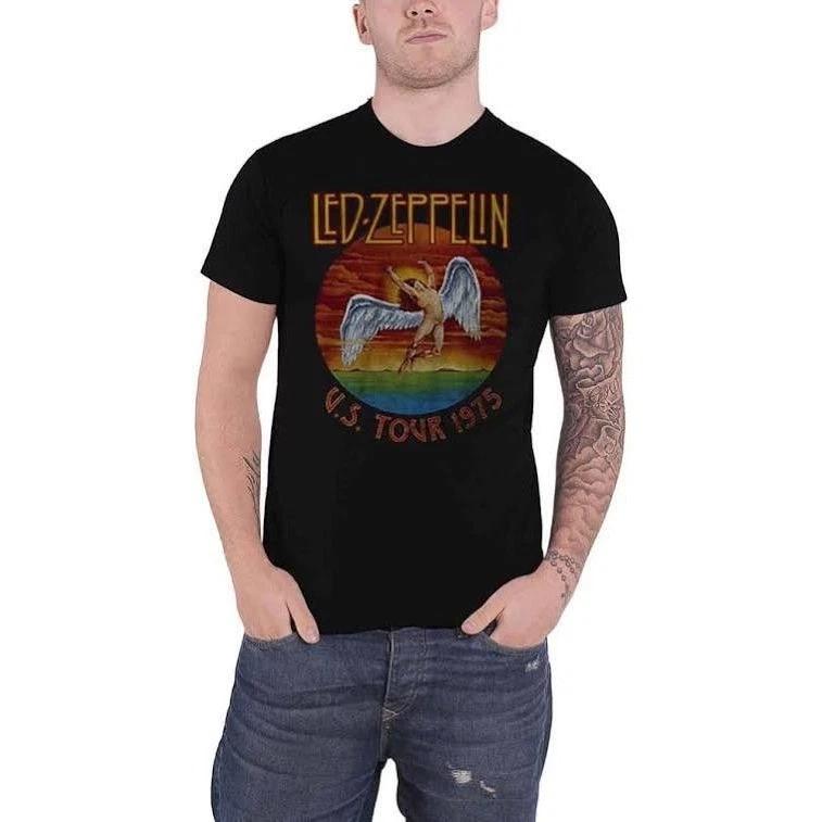 Led Zeppelin US Tour 1975 Icarus Graphic T-Shirt Men XS Navy Blue Pacific Cotton