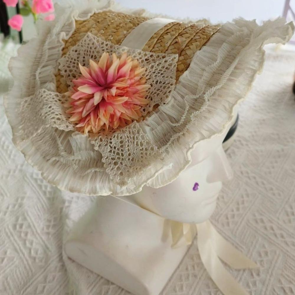French Rural style Lolita Straw Hat Ribbon Bow Ruffle Lace Girl Sun Hat Handmade With Strap Ribbon Flower Flat Top Hat