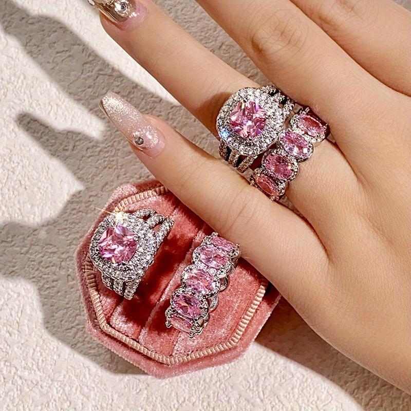Роскошный комплект из 2 колец с розовыми камнями серебристого цвета, обручальное кольцо, украшения на День святого Валентина