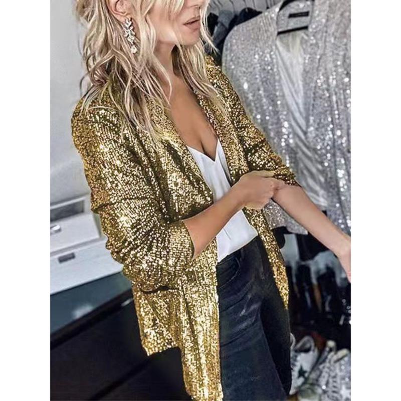 Womens Sequin Blazer Suit Glitter Open Front Thin Jacket Ladies Party Outwear