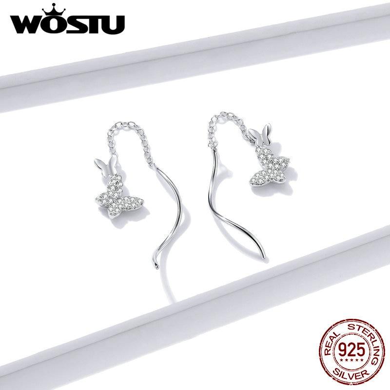 WOSTU 100% 925 Sterling Silver Flying Butterflies Drop Earrings Long CZ Butterfly Dangle Earrings For Women Jewelry