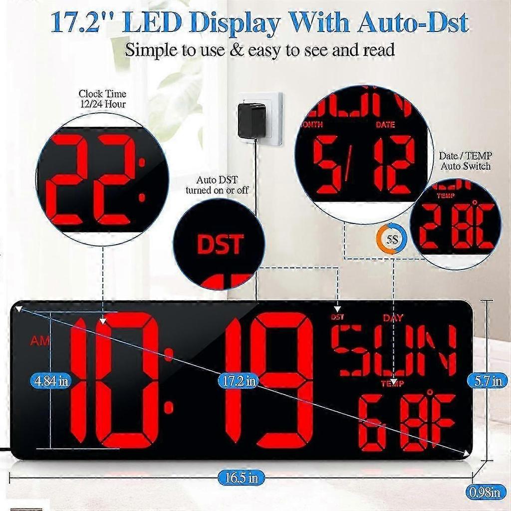 17.2 Inch Large LED Digital Wall Clock with Date & Week,Auto Brightness Adjustment,Compatible with Multiple Brands,EU Plug
