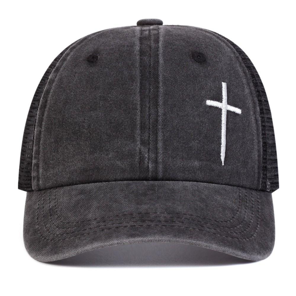 Breathable Cross Embroidery Hat with Mesh Peaked Cap Fashion Hip Hop Baseball Cap Outdoor