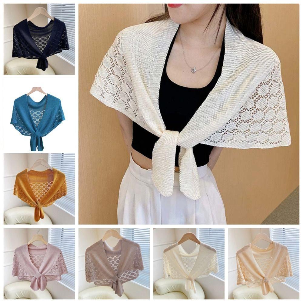 Solid Color Knitted Hollow Shawl Weave Blouse Shoulder Fake Collar Casual Knot Scarves Outdoor