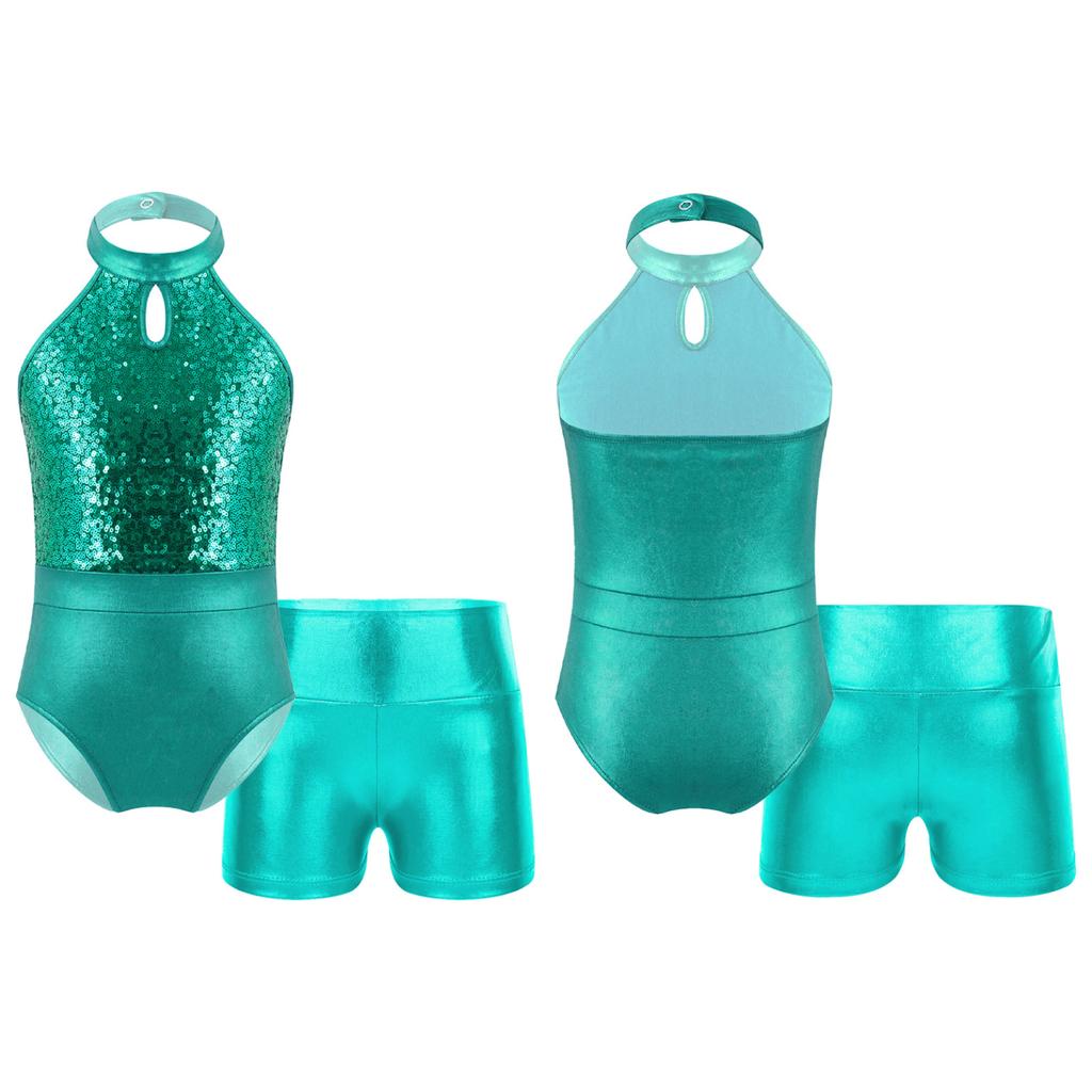 Детский лоскутный купальник без рукавов для девочек с блестящими пайетками и шортами для соревнований по танцевальной гимнастике