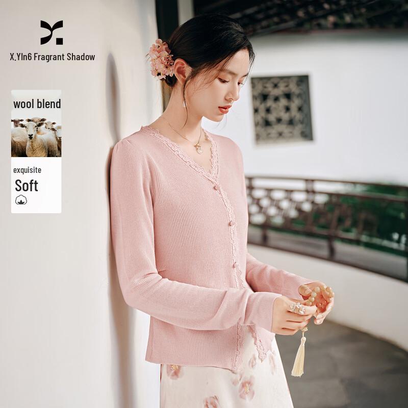 Xiangying New Chinese Style Pink Lace Knit Cardigan