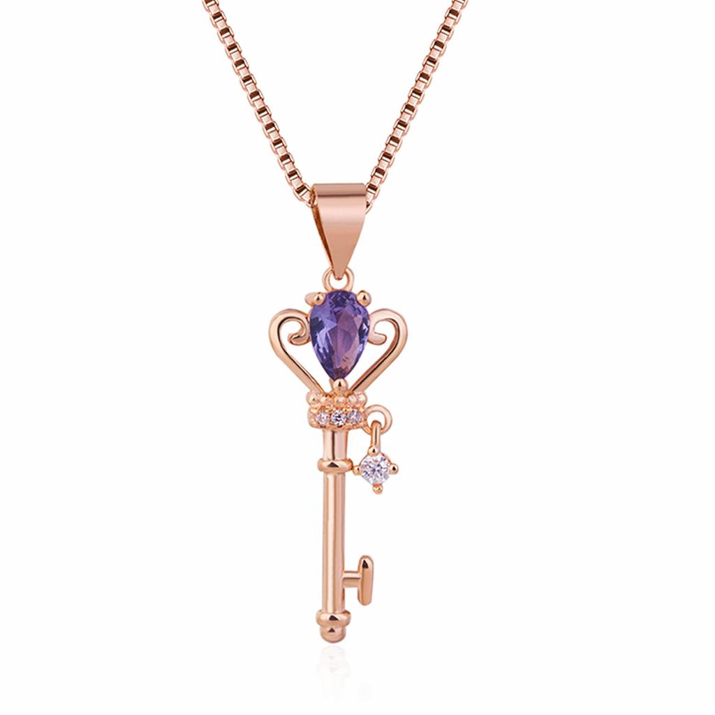 Korean Style 18K Silver Plated Necklace with Rose Quartz, Amethyst, Topaz Gem Key Pendant