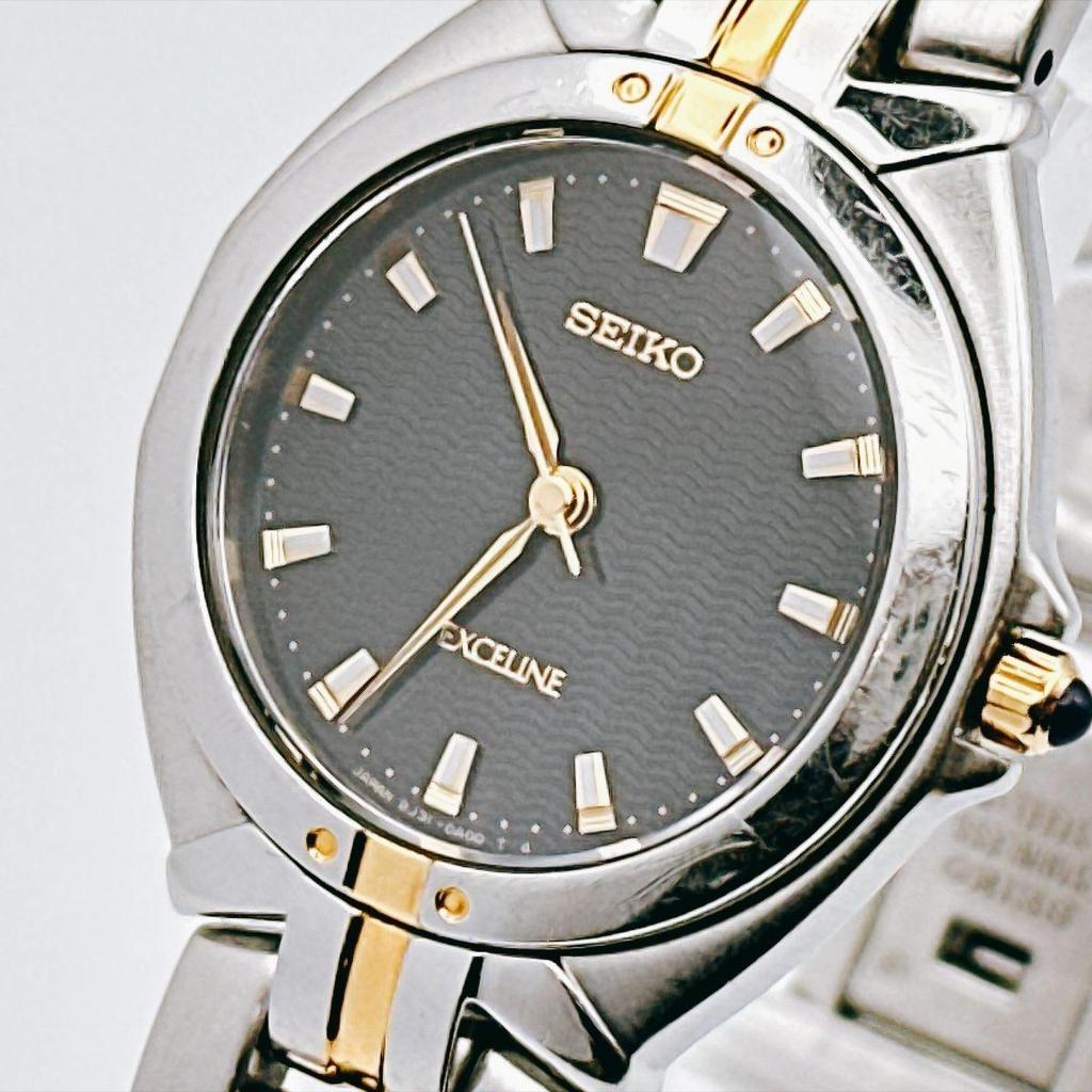Used Vintage SEIKO Exceline Bangle Watch, Combi, Black Dial, Working, Battery Replaced