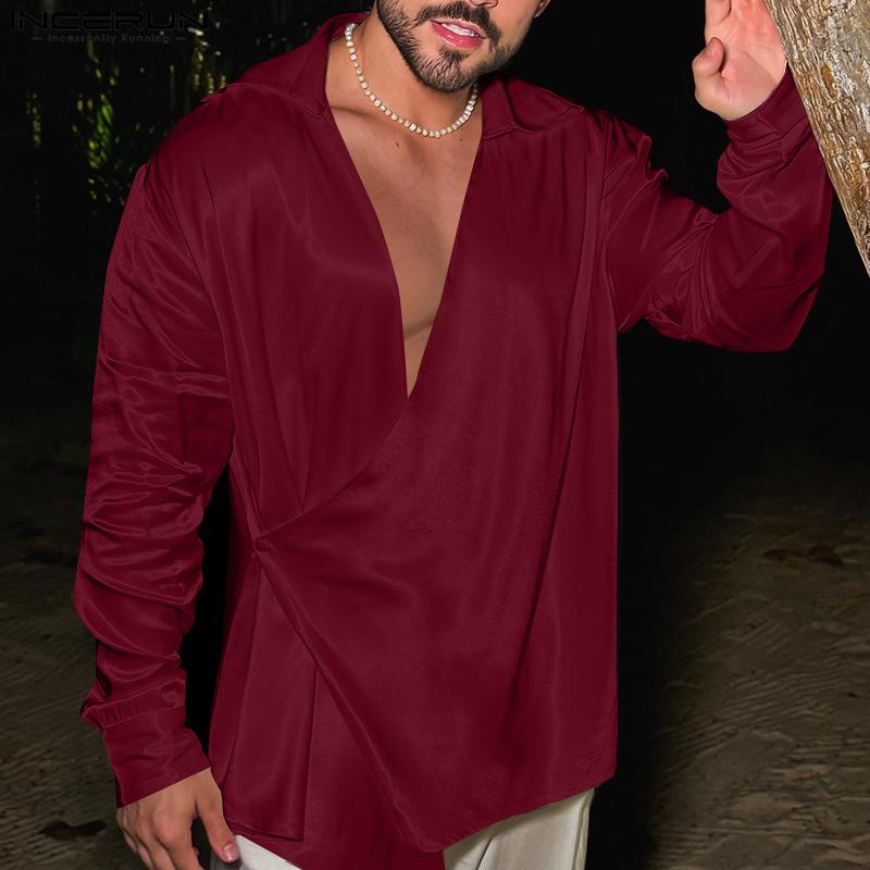 INCERUN Мужские рубашки с V-образным вырезом спереди с перекрестным запахом, атласные топы
