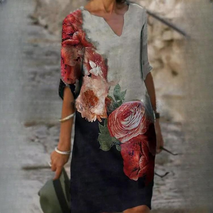 GMXIA Летний принт свободный бамбуковое волокно пенька цветочный короткий рукав женский винтажный литературный круглый вырез рукав пять четвертей