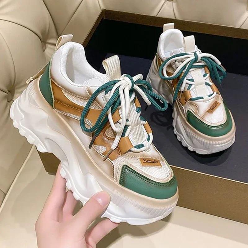 Весенняя мода Массивные кроссовки Женские шнуровка Платформа Теннисные туфли для женских Толстая подошва Дышащая спортивная обувь