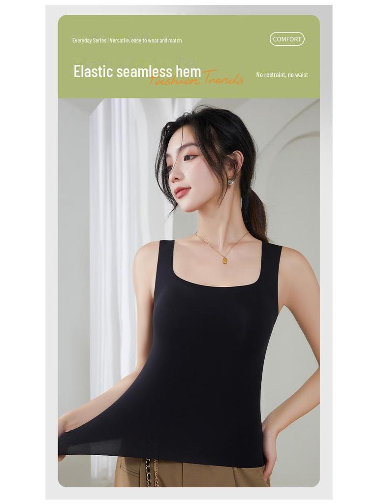 Женская бесшовная майка из шелка Ice Silk с нагрудными вкладышами и квадратным воротником — без бюстгальтера, красивый дизайн спины