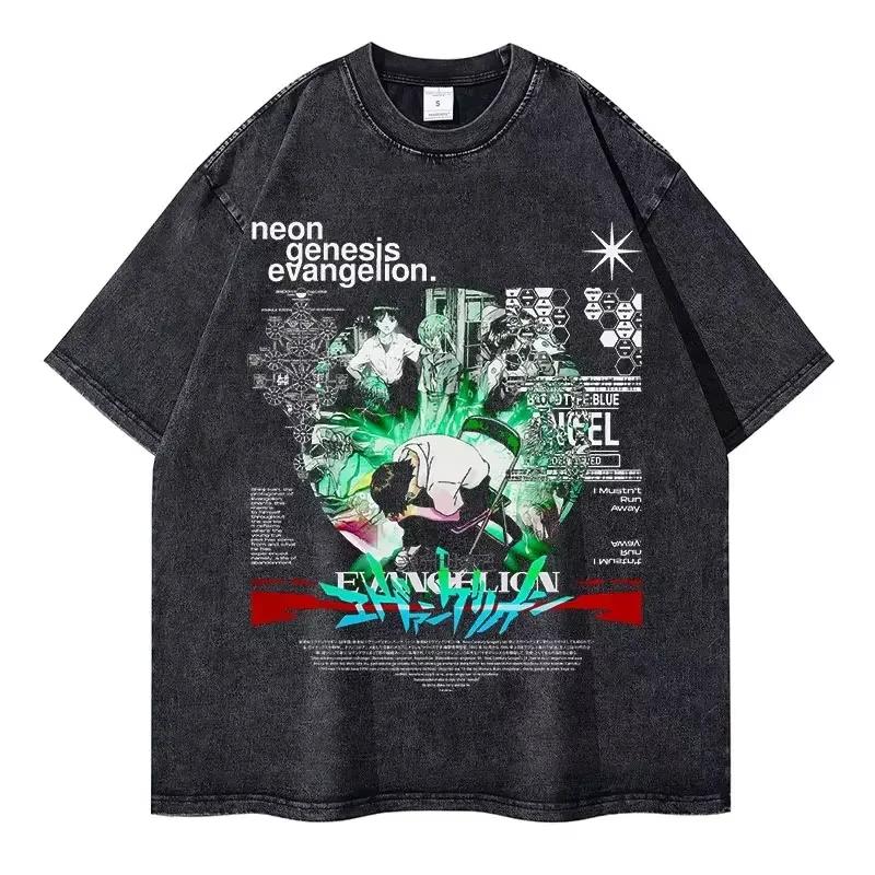 Летняя одежда ЕВА Аниме Мужские футболки Streetwear Бренд Винтажные стираные Женские футболки с коротким рукавом Повседневные топы Хип-хоп