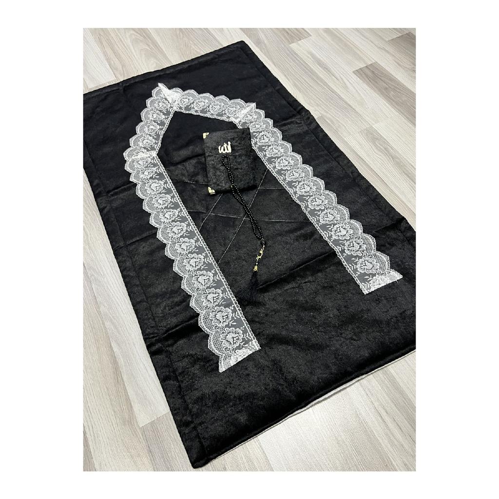 3 Piece French Guipure Embroidered Velvet Dowry Bridal Set Prayer Rug
