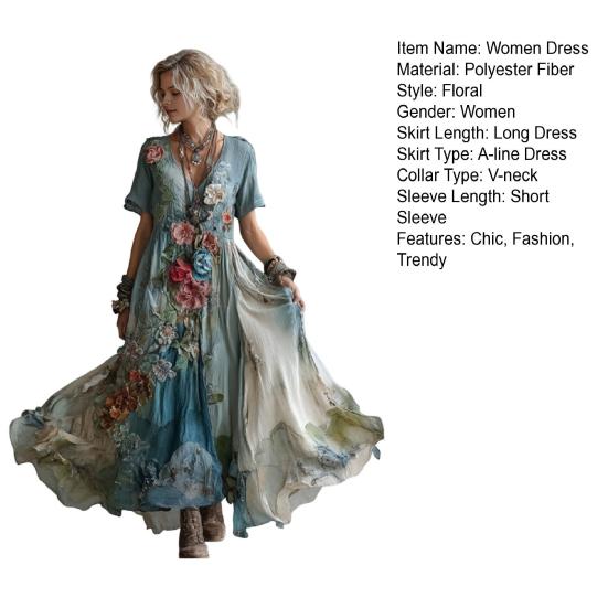 Женское длинное платье с цветочным принтом, короткий рукав, V-образный вырез, расклешенное платье, бохо, струящееся, А-силуэта, повседневное, для выпускного, вечеринки, на свадьбу