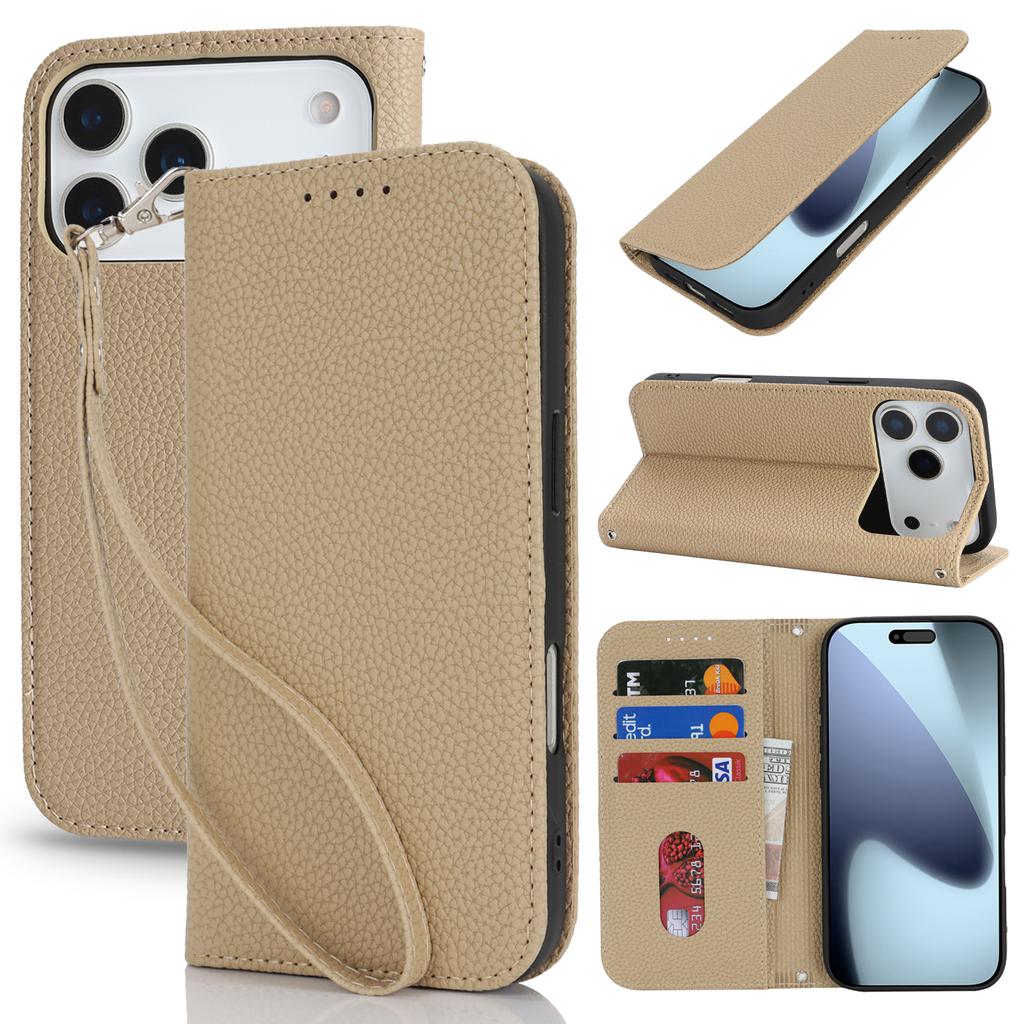 For iPhone 17 Pro Max Case Stand Wallet Litchi Texture Leather Flip Phone Cover with Strap