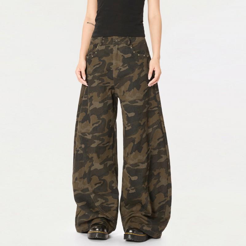 Unisex Camo Cargo Pants Loose Fit Streetwear Wide Leg Workwear Trousers Cotton Casual
