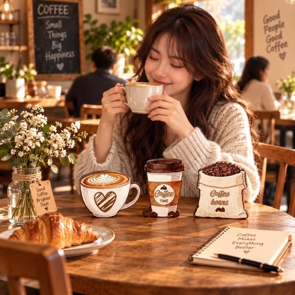 3 pcs Coffee Cup Desktop Ornament Country style Home Decoration Decorative Wooden Board Office