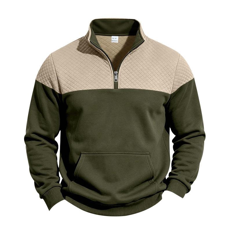 Men S Heavyweight Fleece Long Sleeve Stand Collar Sweatshirt Color Block Pockets