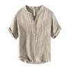 Men's Retro V-Neck Linen Stand Collar Short Sleeve T-Shirt - Plus Size, Thin & Breathable