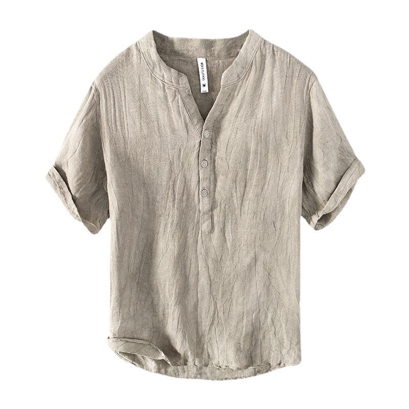Men's Retro V-Neck Linen Stand Collar Short Sleeve T-Shirt - Plus Size, Thin & Breathable