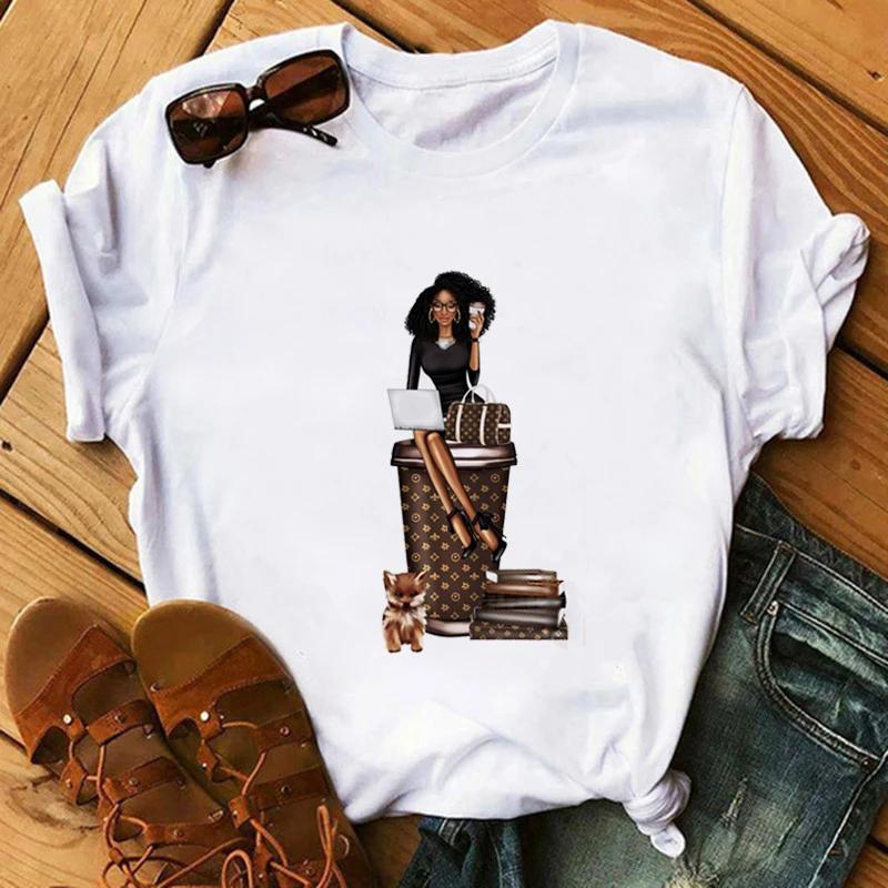 Футболка с модным принтом Kawaii Melanin T Shirt Women Funny Black African Curvy Hair Girl Graphic Tees Aesthetic T Shirt Female Unisex