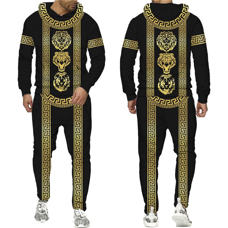 Golden Lion 3D Printed Hoodie Pants Suit Men's Casual Graphic Streetwear Pullover Sweatshirt Outfits Set Hip Hop Cool Tracksuits