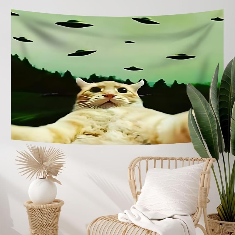 Funny UFO and Cat Theme Digital printing polyester wall tapestry suitable for use in living rooms bedrooms offices bars party