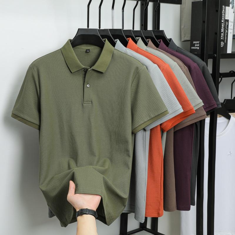 Лето 2025 Мужская Новая Однотонная Мерсеризованный Хлопок Свободная Влагоотводящая и Быстросохнущая Повседневная Рубашка Поло