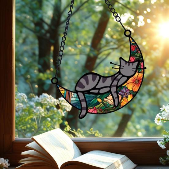 Кошка спит на Луне подвесное украшение на стену гостиной окно подвесной витраж