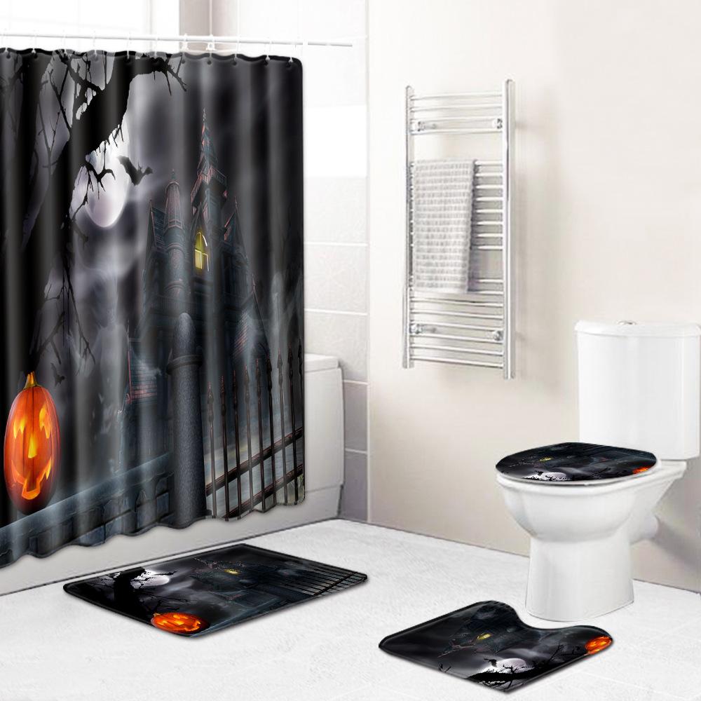 Halloween Series Bathroom Shower Curtain Floor Mat Toilet Cover Foot Mat Four-Piece Set